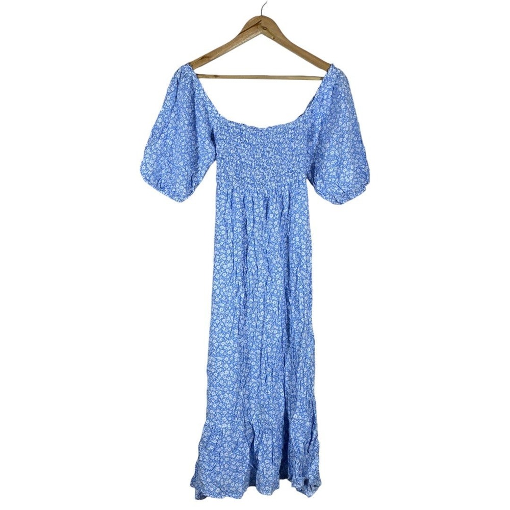 Shop Neighbor Floral Smocked Puff Sleeve Midi Dress Blue White Boho Size S